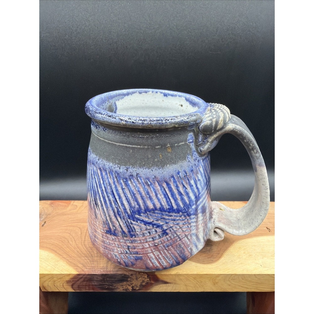 VTG Studio Pottery Mug Artisan signed Handmade Blue Pink Grey Glaze Stoneware